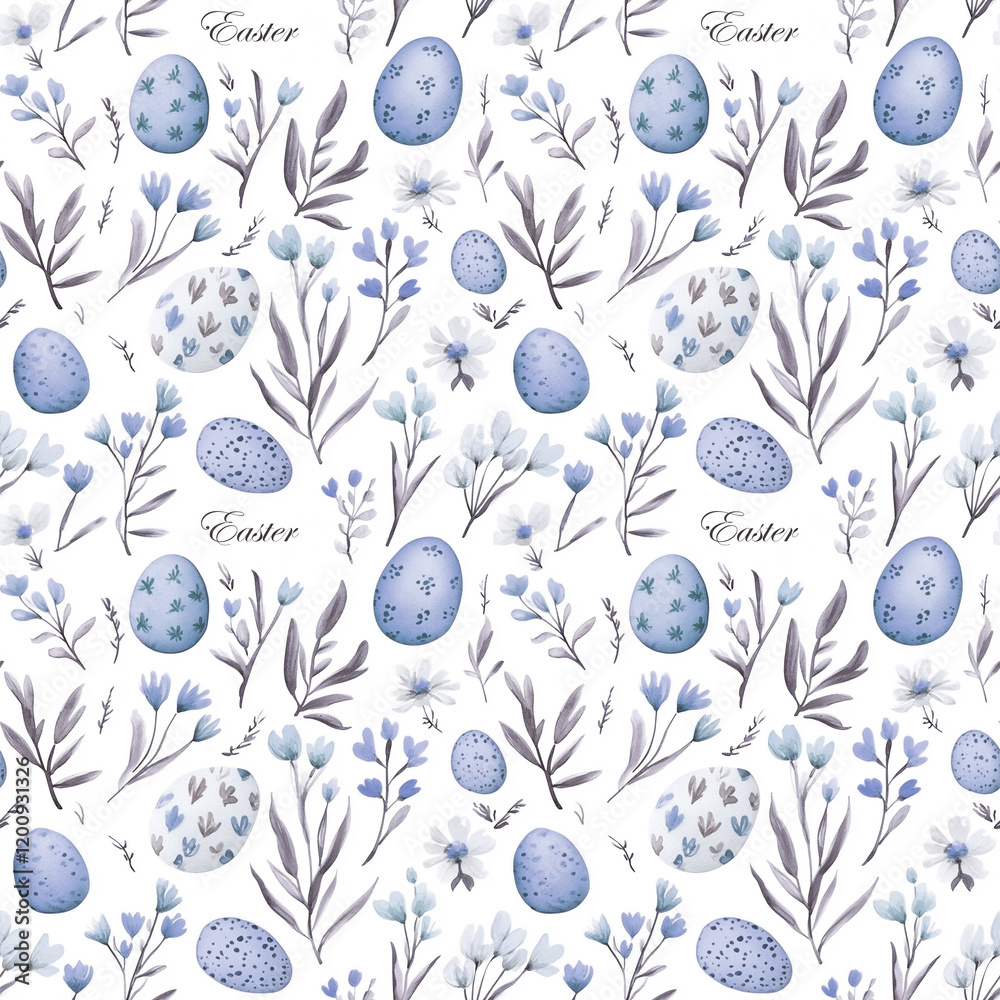 Fototapeta premium Delicate blue floral pattern featuring Easter eggs and spring motifs on a white background