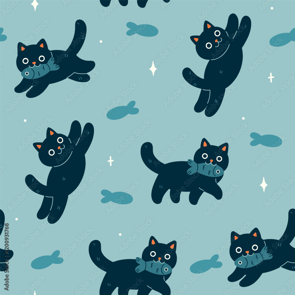 Seamless pattern with cute black cats and fish. Vector graphics. Seamless pattern with cute black cats and fish. Vector graphics.