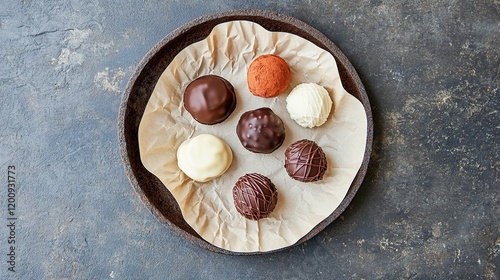 Wallpaper Mural Assorted gourmet chocolate truffles on rustic tray. Torontodigital.ca