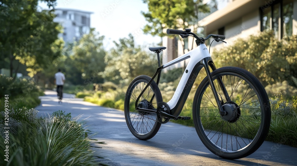 Fototapeta premium Stylish White Electric Bicycle on a Scenic Pathway