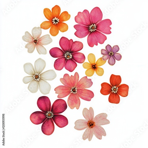 Colorful flower collage, white background, design element (1)