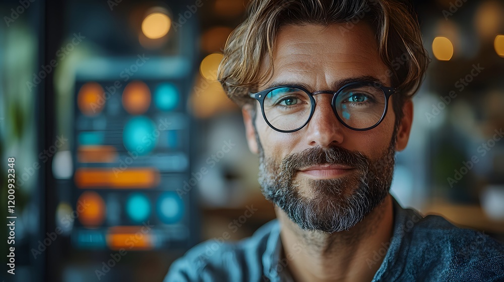 Professional in a sleek office analyzing ROI metrics for multi-channel campaigns, vibrant data visualizations in background Professional in a sleek office analyzing ROI metrics for multi-channel campaigns, vibrant data visualizations in background
