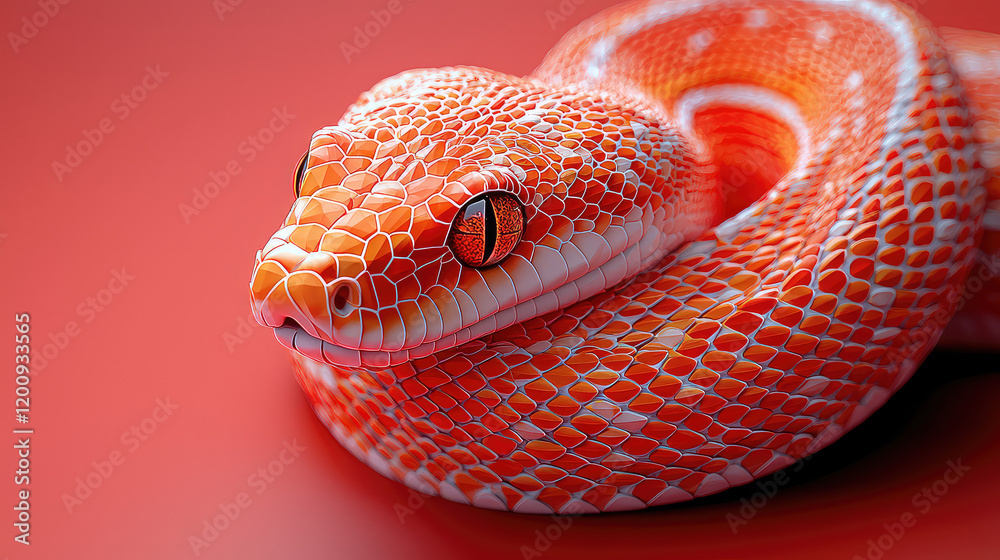Fototapeta premium Close-up of an orange snake with intricate scales, coiled on a red background. Its eyes are captivating, and its texture is detailed.