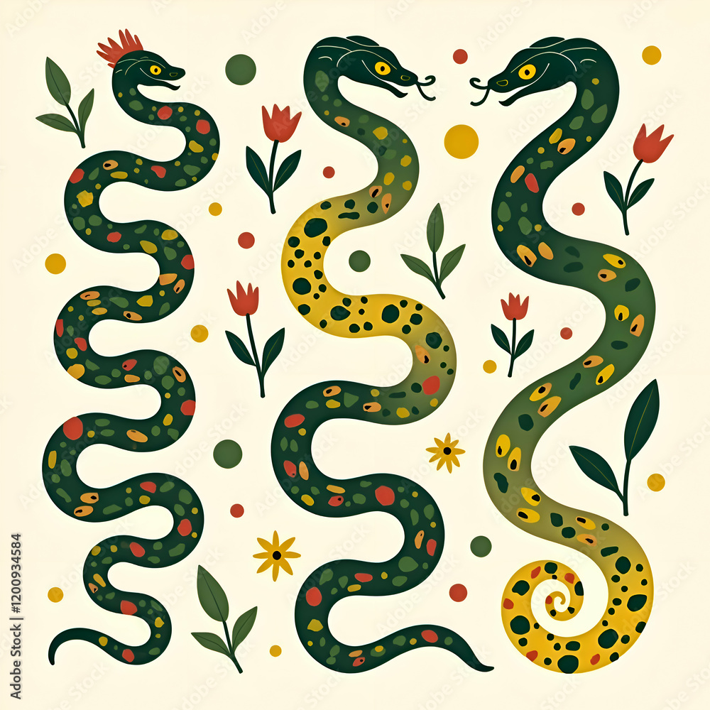 Fototapeta premium Colorful Illustration Featuring Snakes, Flowers, and Playful Geometric Patterns