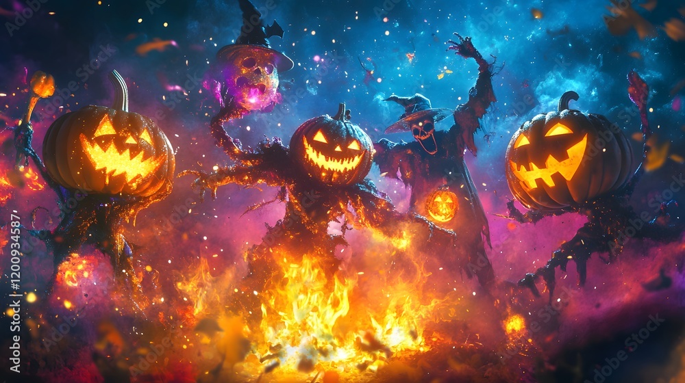 Flaming Jackolantern Scarecrows Dance Around Bonfire Flaming Jackolantern Scarecrows Dance Around Bonfire