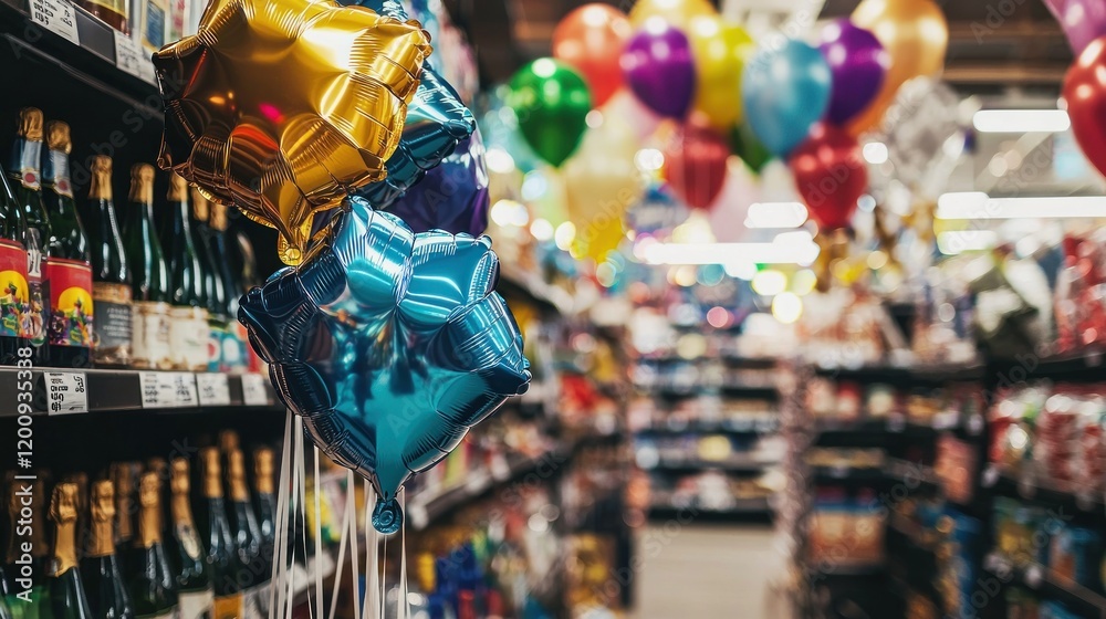 Obraz premium Colorful Balloons in a Supermarket Aisle