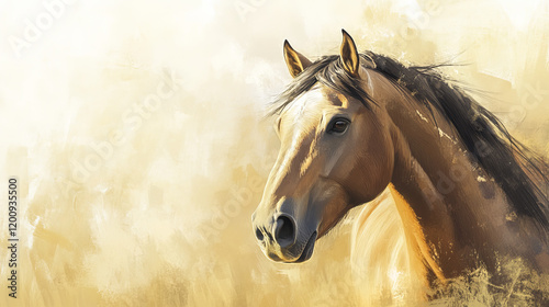 Horse standing and looking with half turned head. Beautiful mustang with kind and tender glance. Vector sketch portrait photo