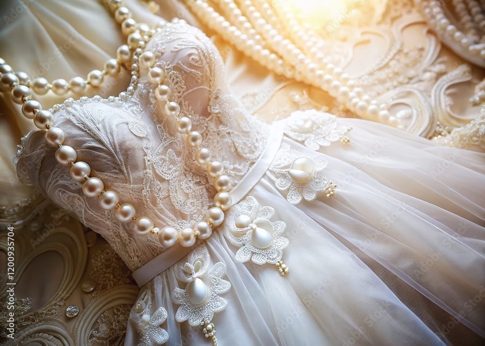 Obraz premium Aerial Close-up: Elegant Wedding Gown with Pearl Necklace - Drone Photography