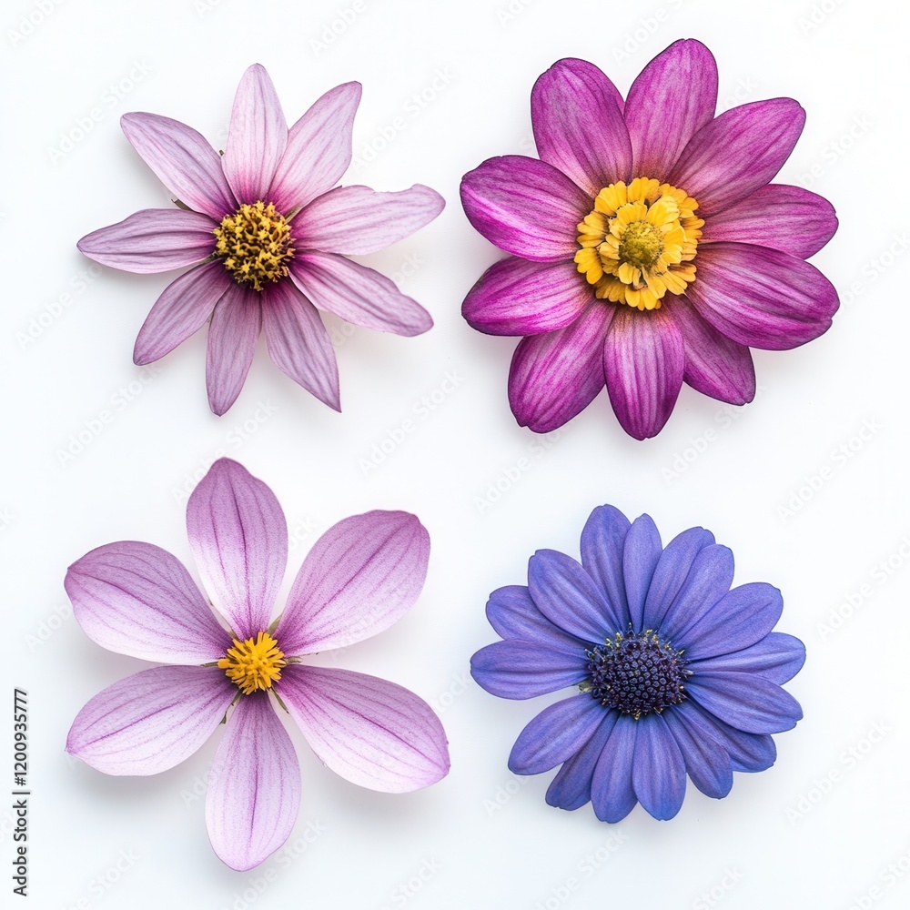Obraz premium Four flowers, white background, flatlay, design