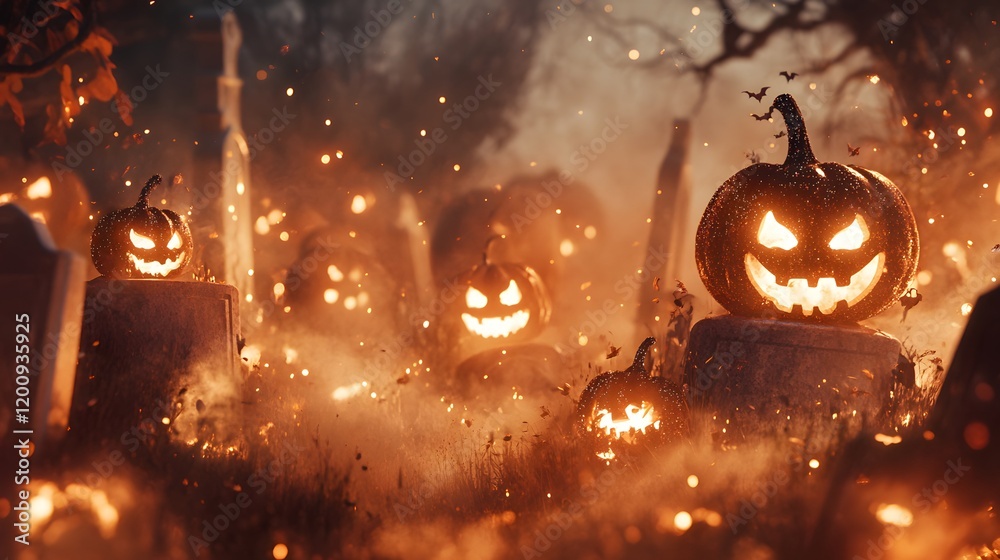 Fototapeta premium Illuminated Jack O Lanterns Among Halloween Graves