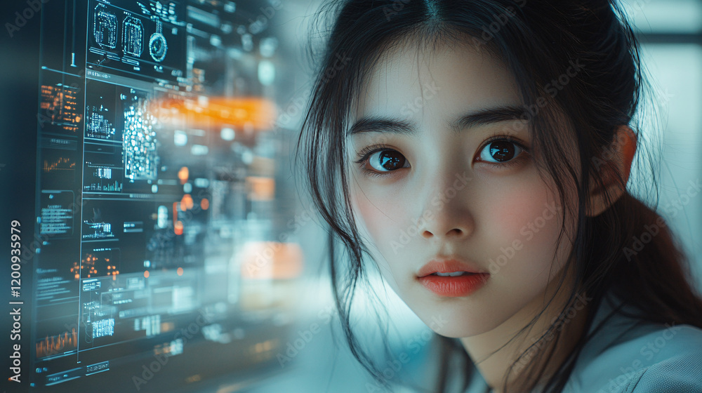 a young woman looking at a computer screen a young woman looking at a computer screen