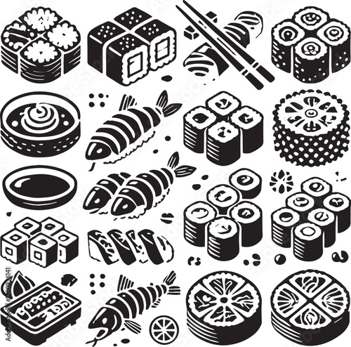 Wallpaper Mural Black Color Sushi Silhouette Vector Illustration, Solid White Background Torontodigital.ca