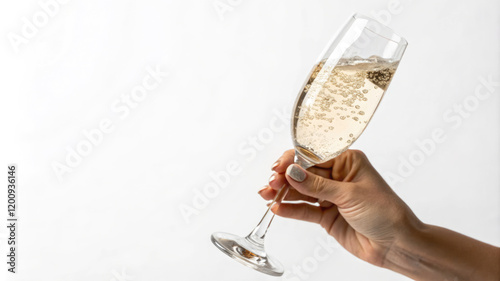 A hand holding a glass of sparkling wine.Isolated festive image of a champagne goblet on a white background