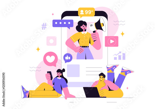 Social Media Marketing Illustration Featuring a Digital Marketing, Boosting Online Likes, Comments, and Followers Growth Through Internet Content