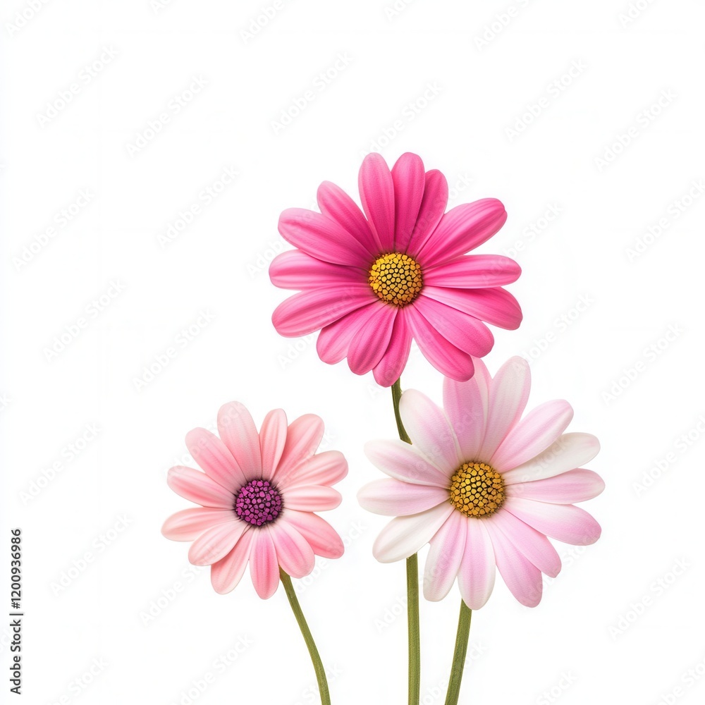 Pink daisies, white background, spring bloom, greeting card Pink daisies, white background, spring bloom, greeting card