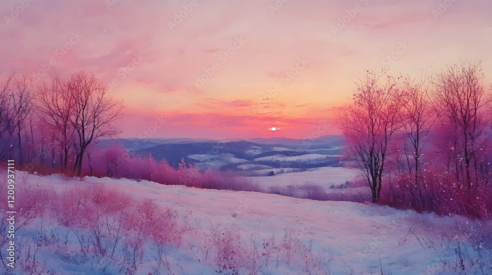Pastel February sky blending with watercolor hills and blossoming trees