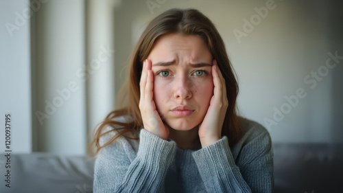 A young woman in her teens with a sad or worried expression on her face. A look of concern. Holding her face in her hands. Uncertainty. Depressed. Gray sweater. Indoors. Living room.