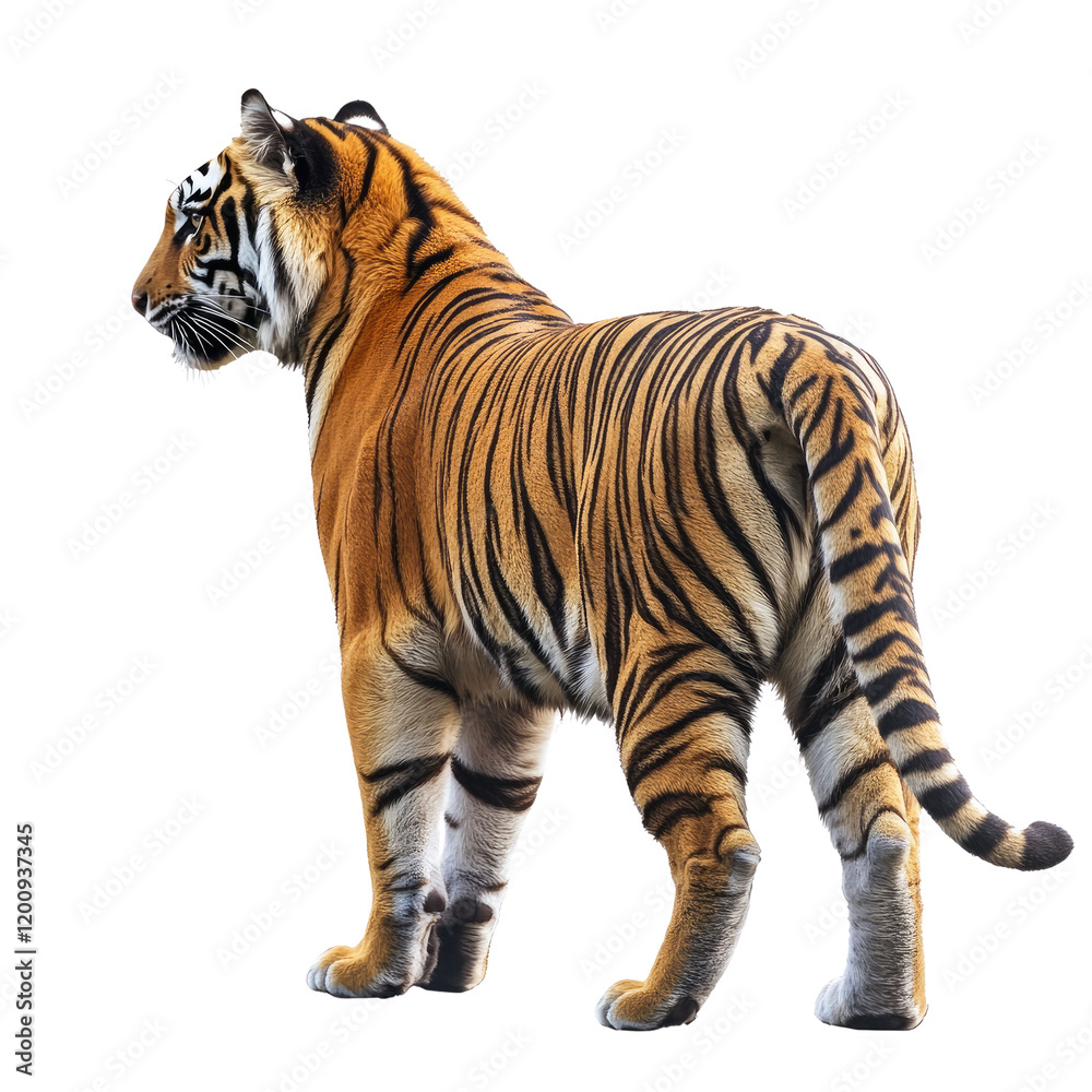 Fototapeta premium Royal tiger stand back view on white background 
