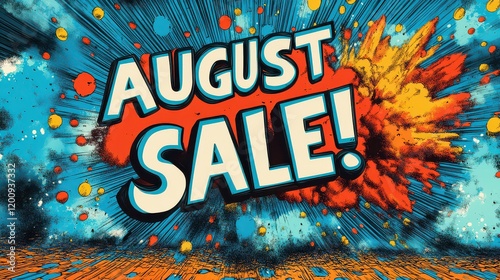 August Sale! Comic-style text with vibrant color bursts. photo