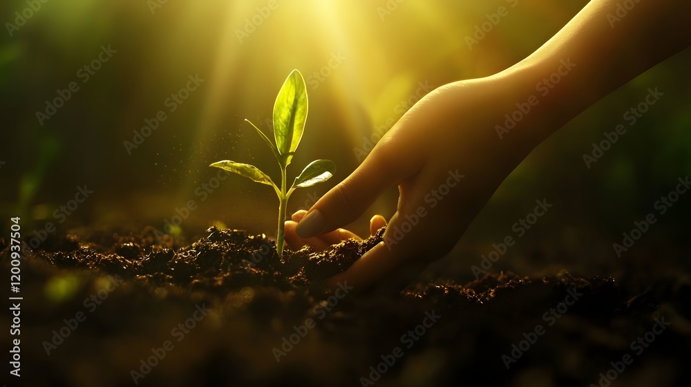 Fototapeta premium Hand planting seedling, sunlight, soil, growth, nature, hope, environment, sustainability, background, ecology