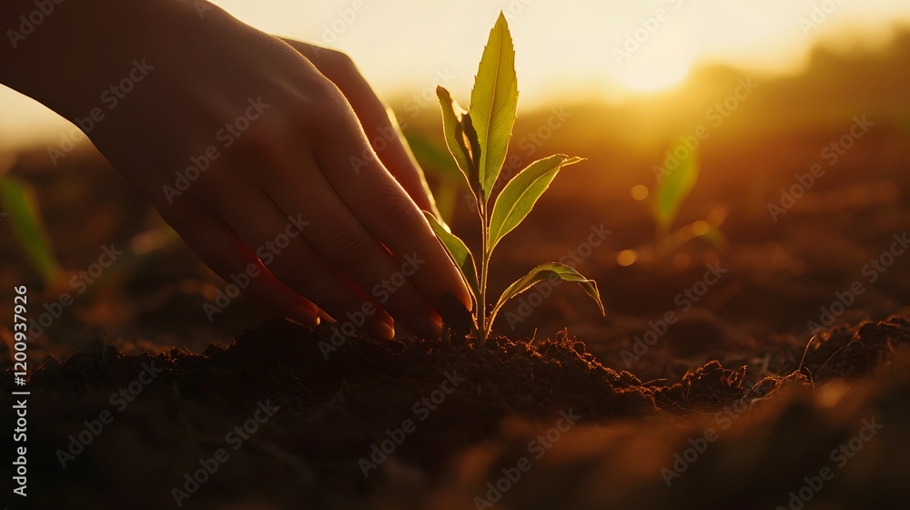 Fototapeta premium Sunset field hands planting seedling growth agriculture