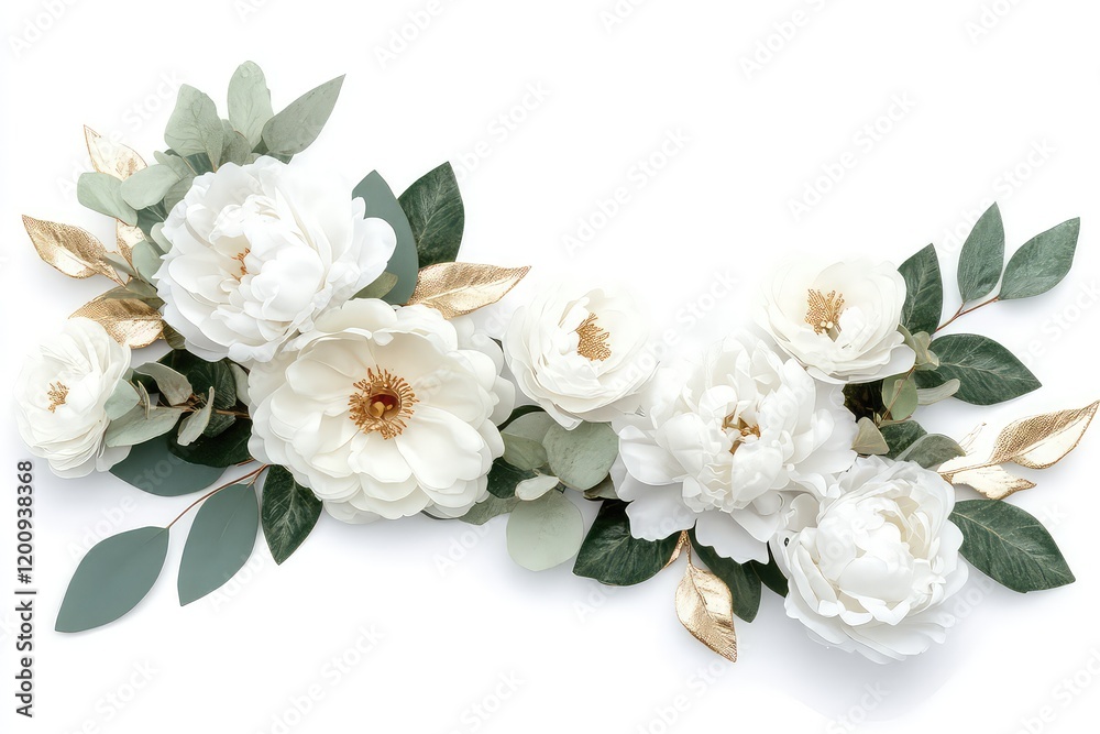 A floral corner arrangement of white roses, peonies, and eucalyptus leaves with gold accents, perfect for romantic invitations. A floral corner arrangement of white roses, peonies, and eucalyptus leaves with gold accents, perfect for romantic invitations.