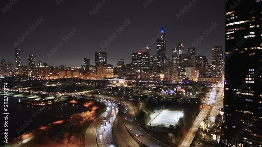 The Chicago Cityscape at Night - Aerial Shot