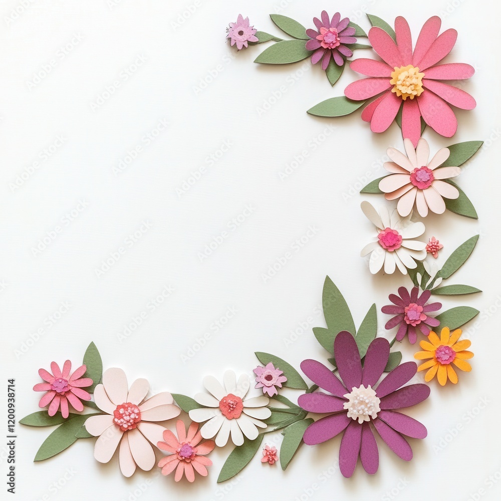 Paper flowers border, white background, craft Paper flowers border, white background, craft