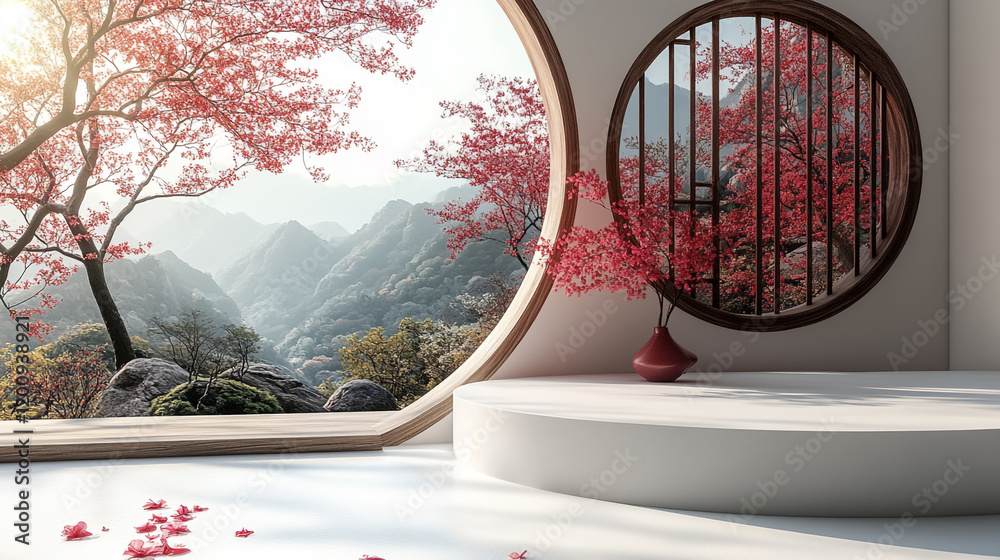 Fototapeta premium Serene Asian-Inspired Interior with Mountain View