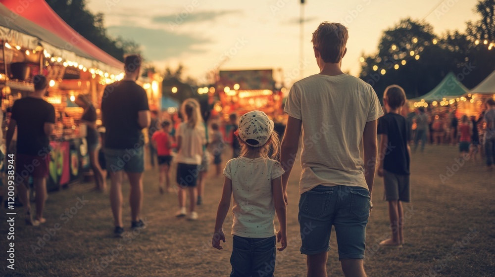 Obraz premium Father and child at a summer evening fair, enjoying the festive atmosphere and attractions.