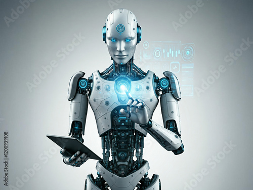 A humanoid robot holding a tablet while interacting with a glowing holographic interface. The design features sleek lines and advanced technology, representing the future of AI
