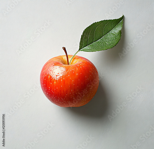 A red apple with a green leaf on top. The apple is fresh and ripe, and the leaf adds a touch of natural beauty to the image