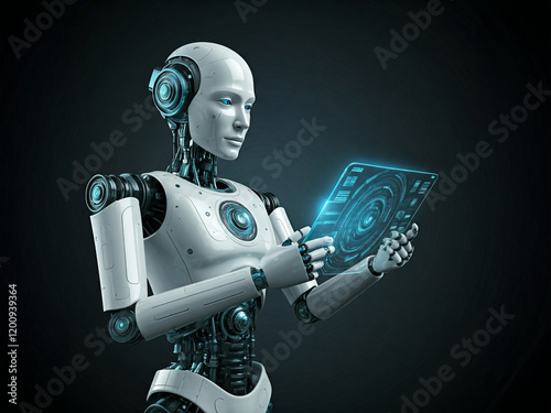 A sleek humanoid robot interacting with a futuristic tablet, featuring glowing blue interfaces. This image embodies the integration of technology and intelligence in a modern setting