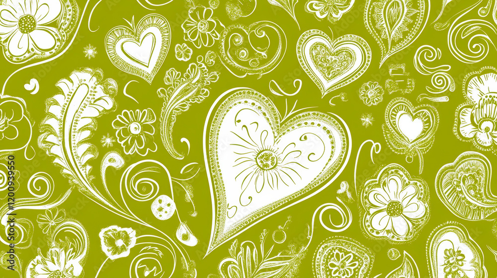 Fototapeta premium Lush outline white paisley flowers seamless pattern with heart shape stamen on green background for interior or textile design