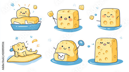 Cartoon cheese vector characters and personages. Yellow slices of dairy product show thumb up, celebrate birthday, ride waterbike, sleep and meditate. Travel, sport workout, relax on beach, education photo