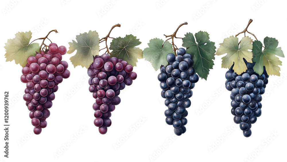 Four bunches of grapes, with red grapes on the left side, green and black grapes on the right side, against a transparent background Four bunches of grapes, with red grapes on the left side, green and black grapes on the right side, against a transparent background