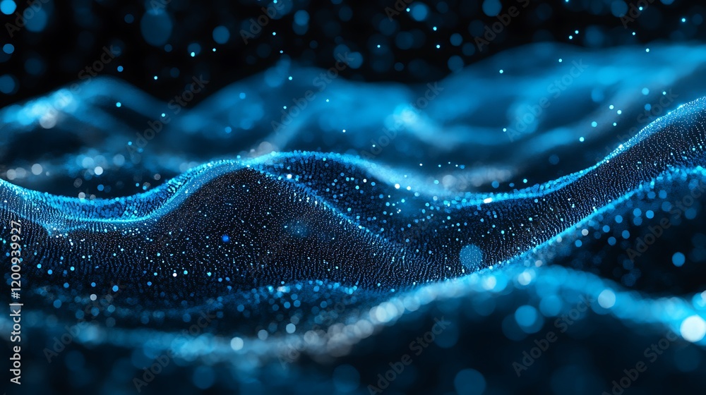 Bright blue music notes floating through a rhythmic digital sound wave in a visually captivating artistic composition Bright blue music notes floating through a rhythmic digital sound wave in a visually captivating artistic composition