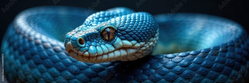 Fototapeta premium Blue viper snake portrait, intricate scales visible, nature, dangerous