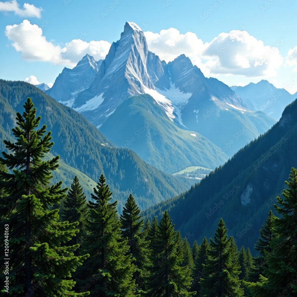 Fototapeta premium Majestic mountain vista, dense pine and fir canopy, conifers, background, forest