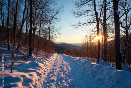 Winter landscape with sun rising over hills