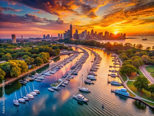 Aerial View Diversey Harbor Lincoln Park Chicago Lake Michigan Illinois Stunning Sunset Drone Photography photo