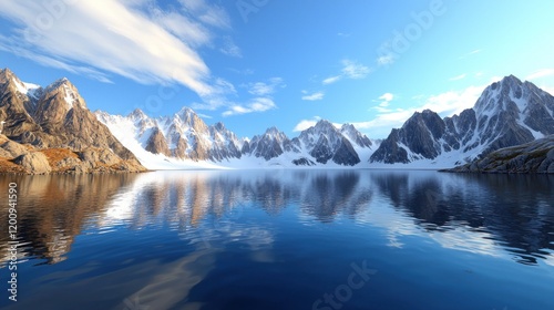Serene mountain landscape reflecting in calm waters under blue sky.