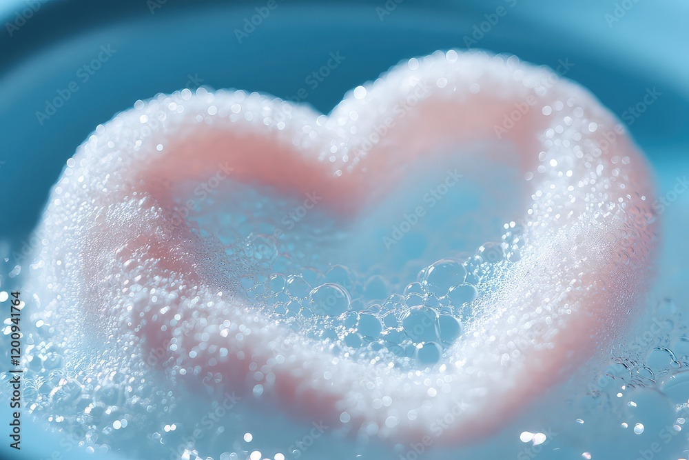 Fototapeta premium A close-up of a heart-shaped bubble frame, surrounded by sparkling foam in a blue basin.
