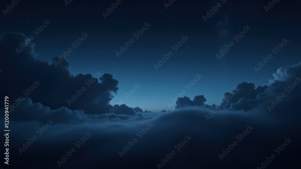 Fototapeta premium A mesmerizing nocturnal vista: an eye-level panorama reveals a deep blue night sky draped in swirling dark clouds. The horizon dips into shadow as silhouetted clouds dance over a gradient of twilight 