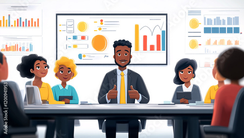 Training session with a corporate trainer presenting to a group of new employees character vector illustration design.