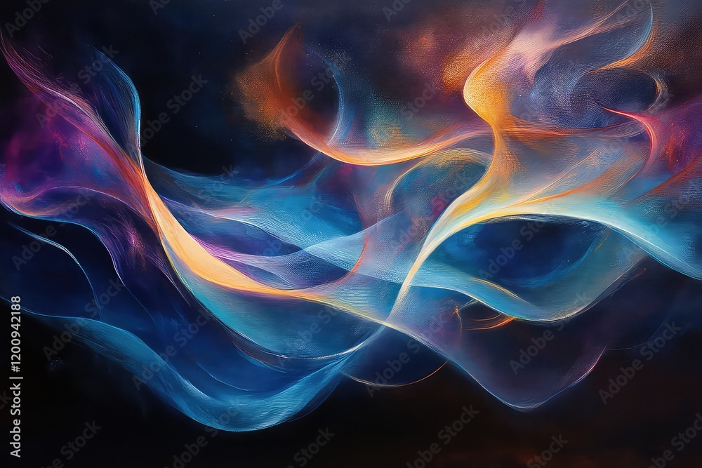 A fluid and elegant wave of blue smoke, accented with colorful highlights on a dark background. A fluid and elegant wave of blue smoke, accented with colorful highlights on a dark background.