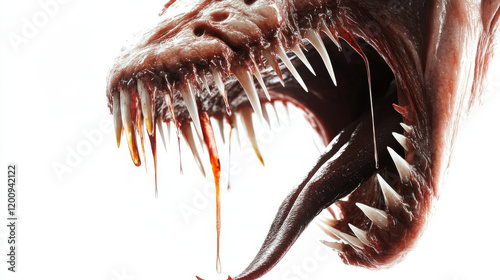 Monster mouth vector icon, creepy yelling beast jaws with sharp teeth with splashing saliva and long tongue. Angry creature roar maw isolated on white background photo