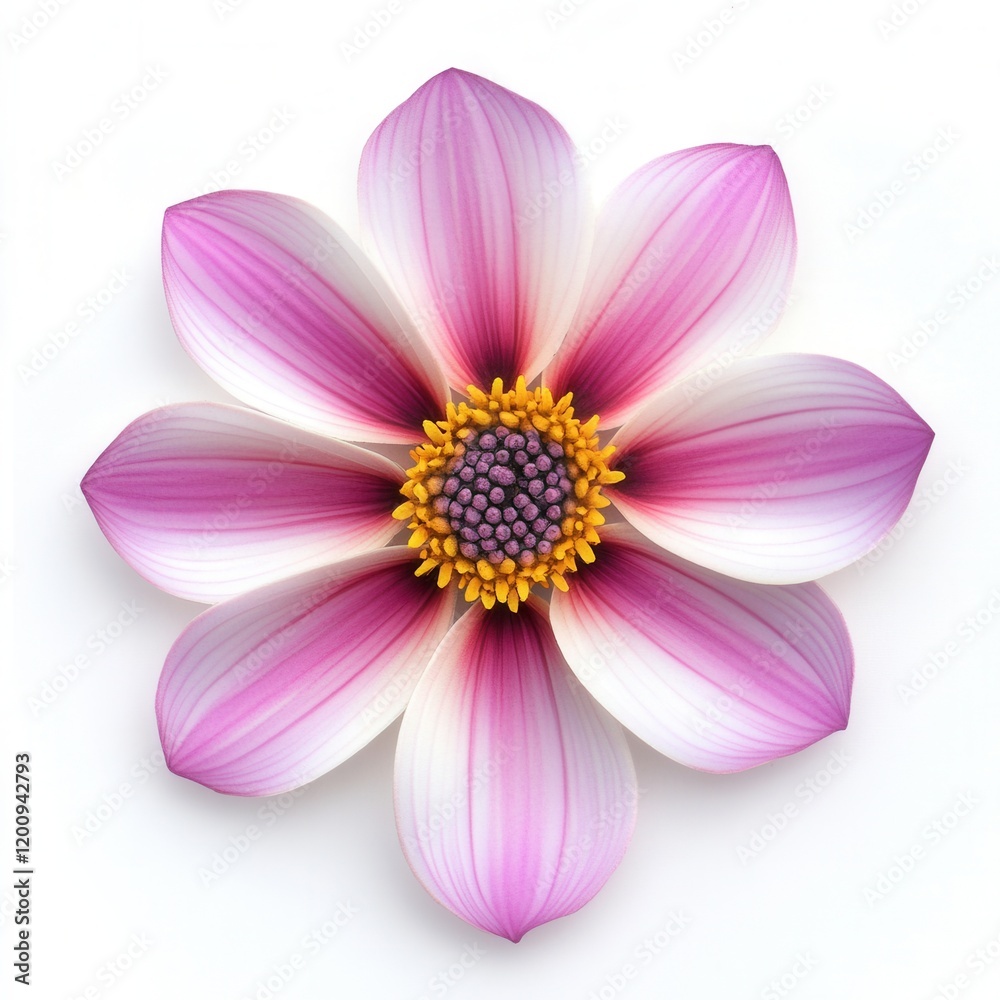 Obraz premium Pink dahlia blossom, white backdrop, floral design