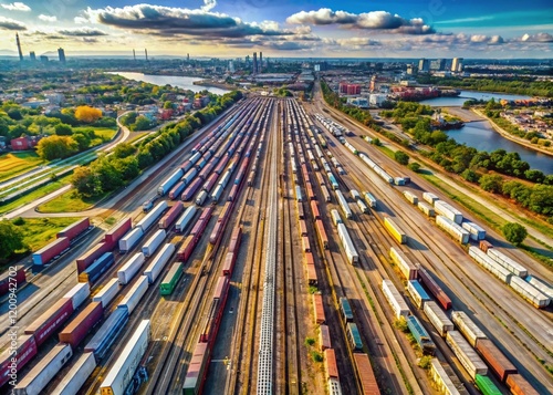 Aerial View Long Island Railroad Yard: Trains, Tracks & Industrial Landscape photo