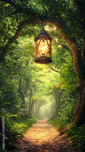 Enchanting forest path with lantern light.